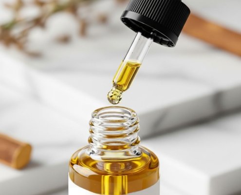 Dropper with golden licorice root serum, a gentle ingredient for skin brightening.