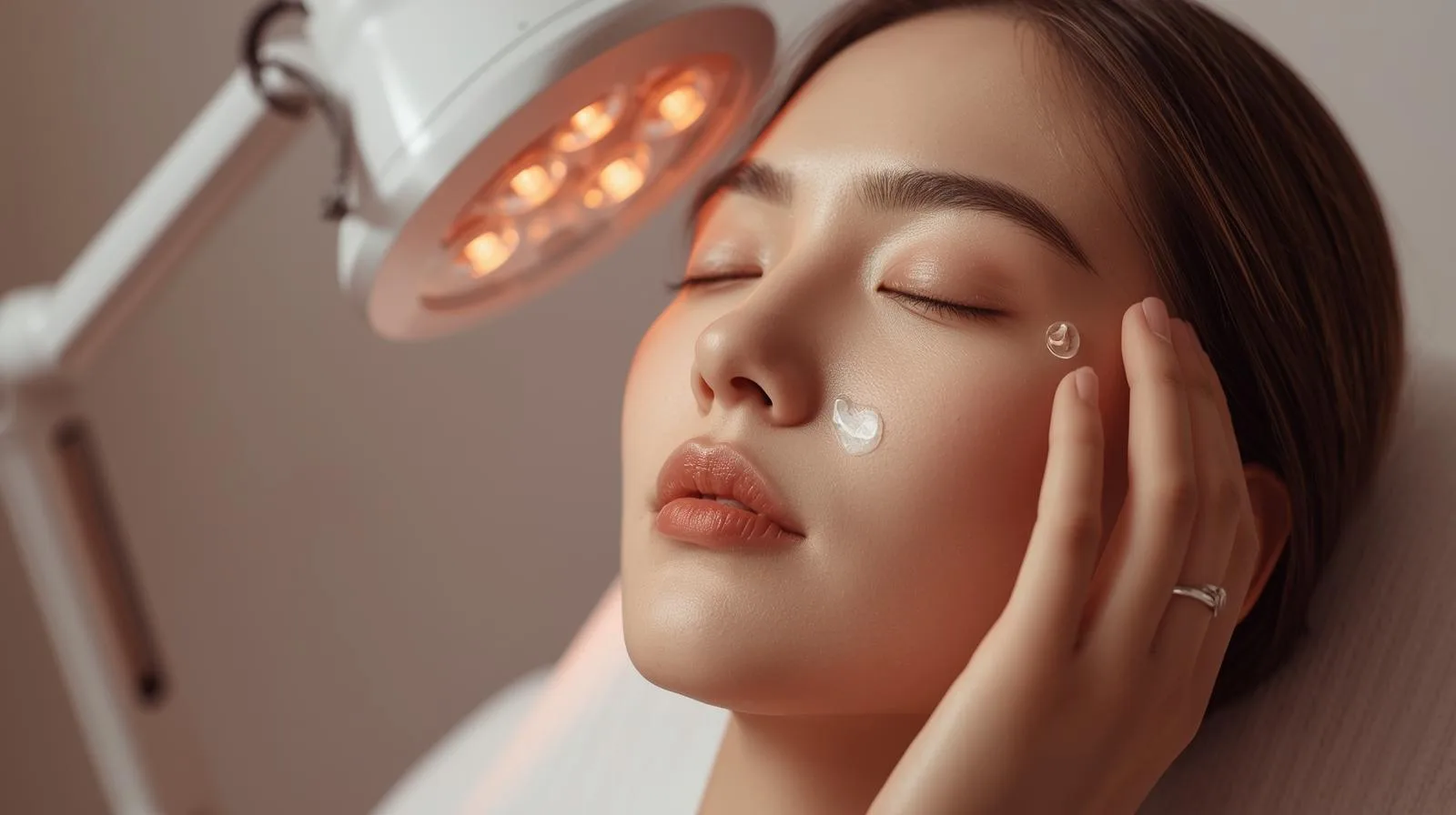 An East Asian model applying a preparatory serum to her face before a session with a professional, clinical LED light therapy device.