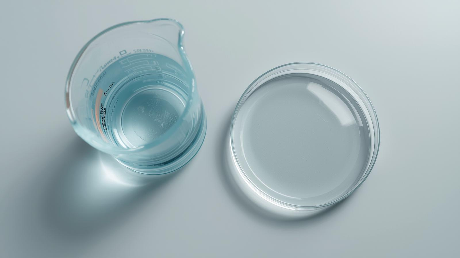 Clinical beaker and petri dish arranged to suggest steady, repeatable use