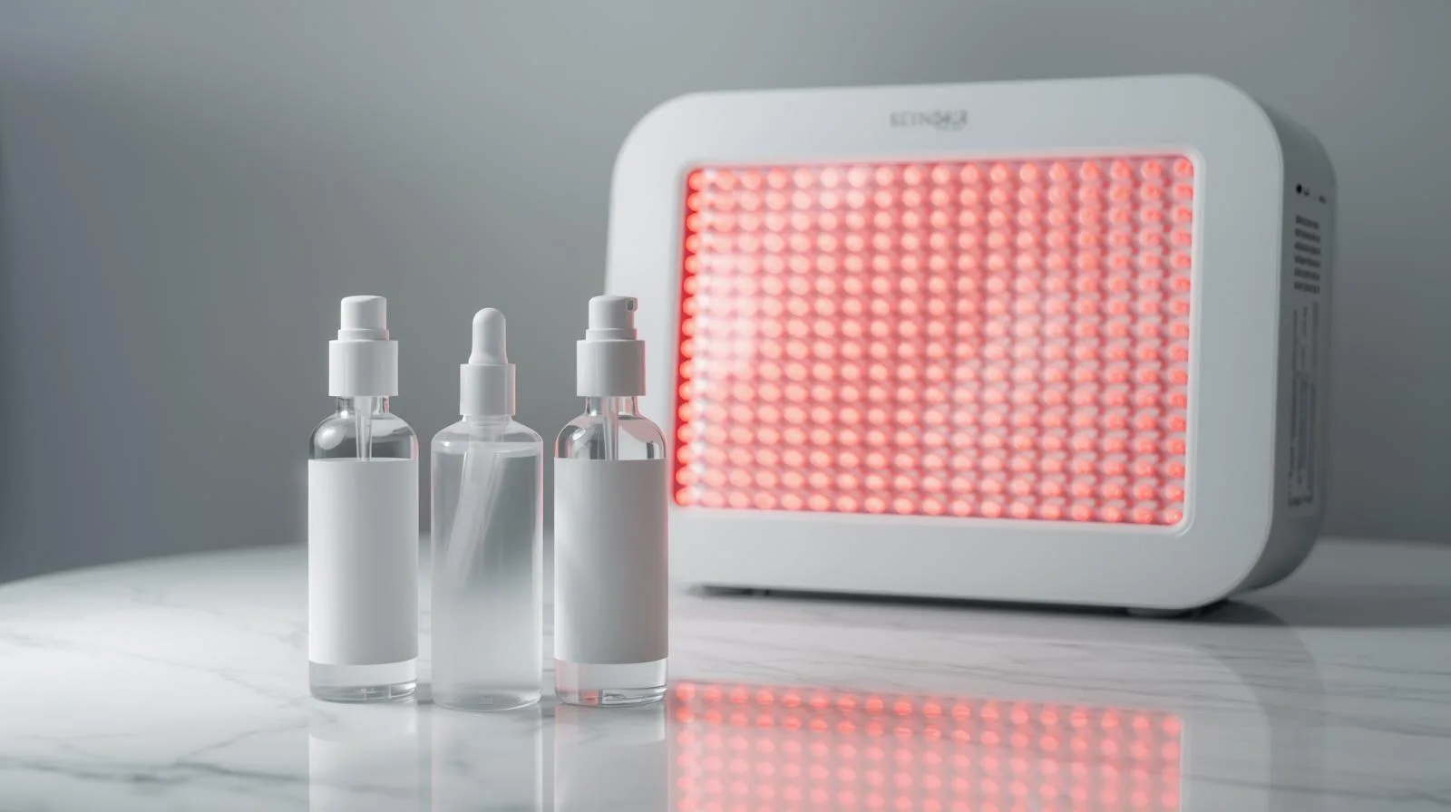 Dermatologist-formulated skincare arranged with a sleek, clinical LED therapy device, illustrating a complete system to supercharge your LED therapy.