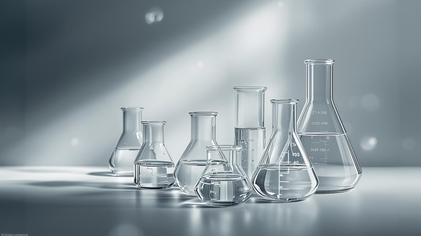 Dermatologist formulated skincare brand still life with clear glass and measured dosing.