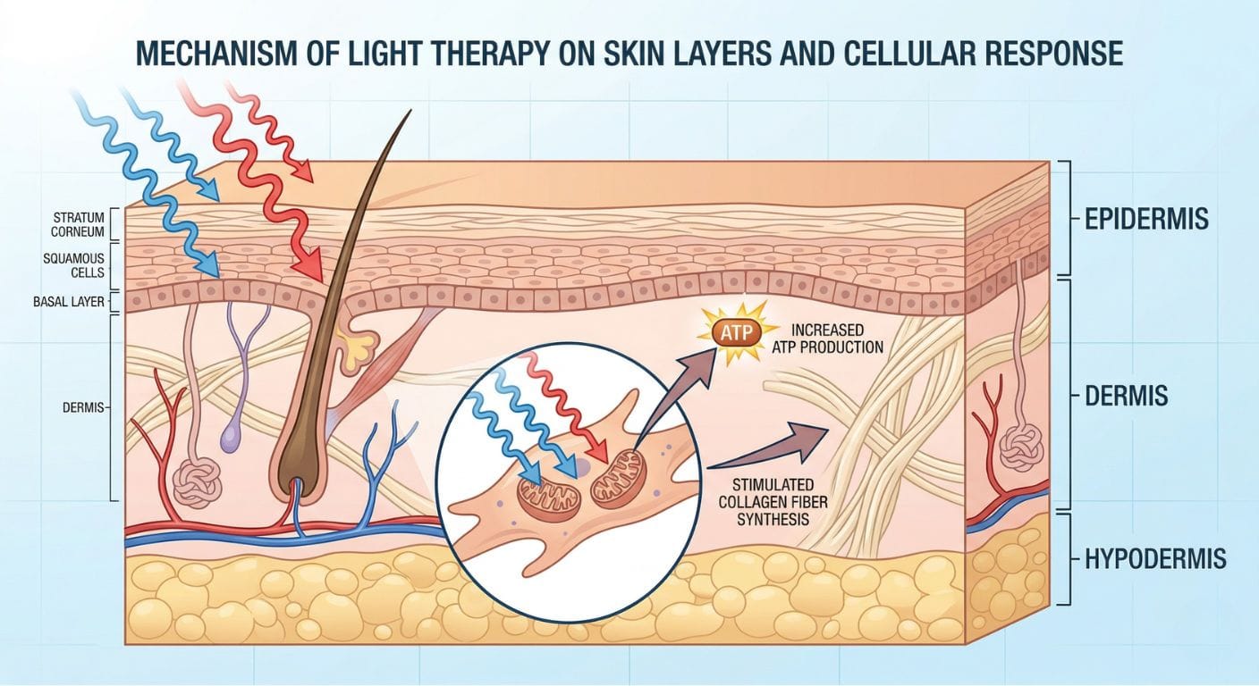 Diagram showing how photobiomodulation and LED light therapy stimulate mitochondria to produce ATP and collagen