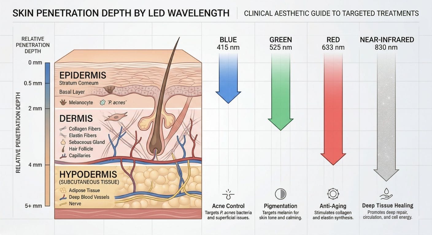 Quad-spectrum Clinical-Grade LED light therapy wavelengths showing penetration depths for blue, green, red, and near-infrared light.