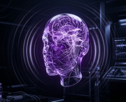 Diagram of the AI Bio-Sommelier interface demonstrating the brain-skin axis connection utilized in the Signature Purple Code AI psychodermatology protocol